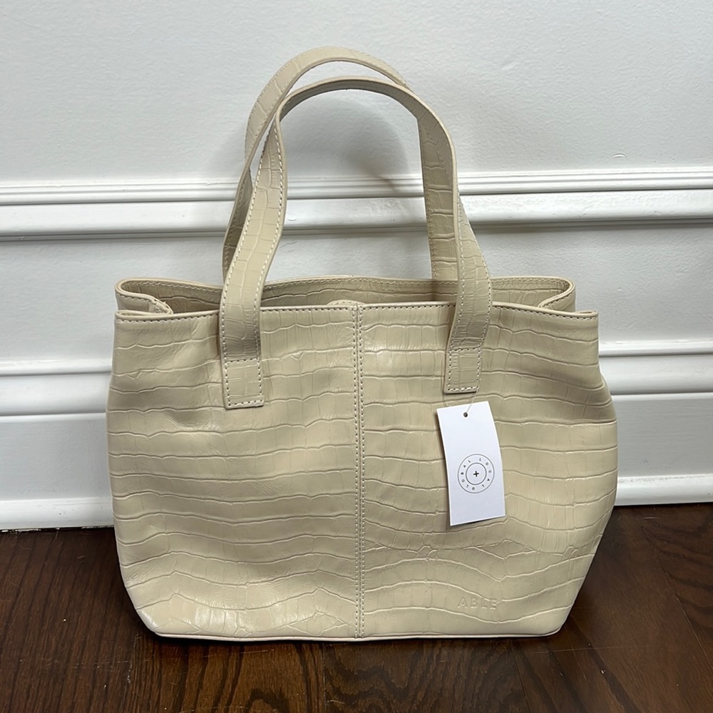 Able Cream Croc-Embossed Leather Shoulder Tote